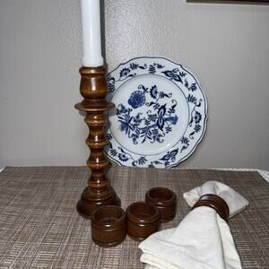 Vtg Wood Candlestick Napkin Ring Holder Set 4 Rustic Turned Wood Rustic Colonial